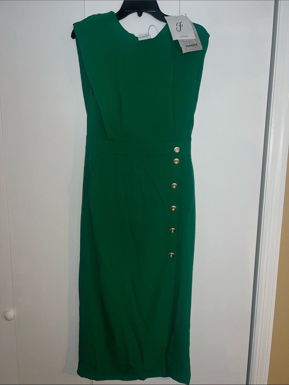 Finesse Emerald Green Sleeveless Midi Dress with Gold Buttons